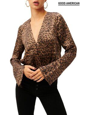 GOOD AMERICAN NWT SATIN WRAP SEPIA LEOPARD BODYSUIT. SIZE 2(M)